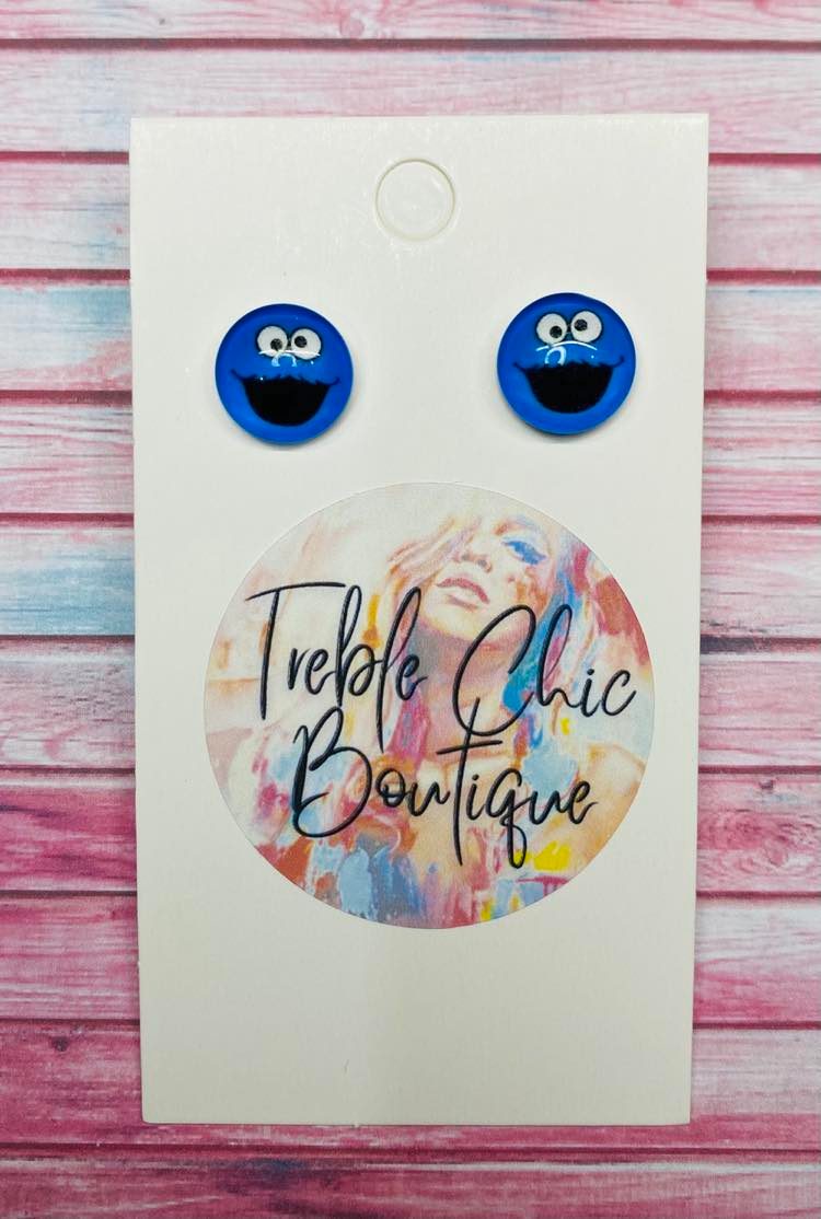 Cookie Monster Sesame Street Stud Earrings Blue