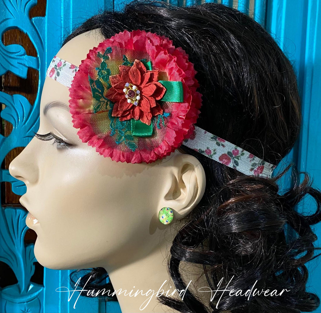 Floral Red & Green Lace Headwear